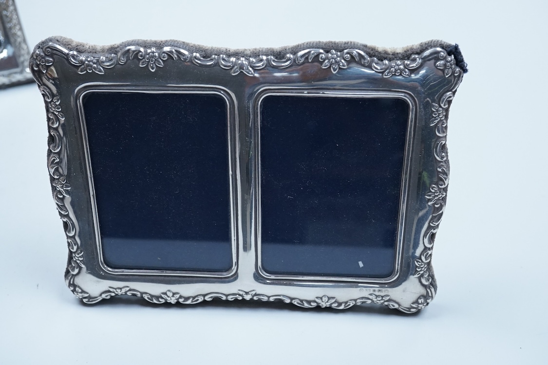 An Elizabeth II silver baluster christening mug, Wakely & Wheeler, London, 1965, with engraved inscription to the base, 10cm, together with two modern silver mounted photograph frames including a double and one other met